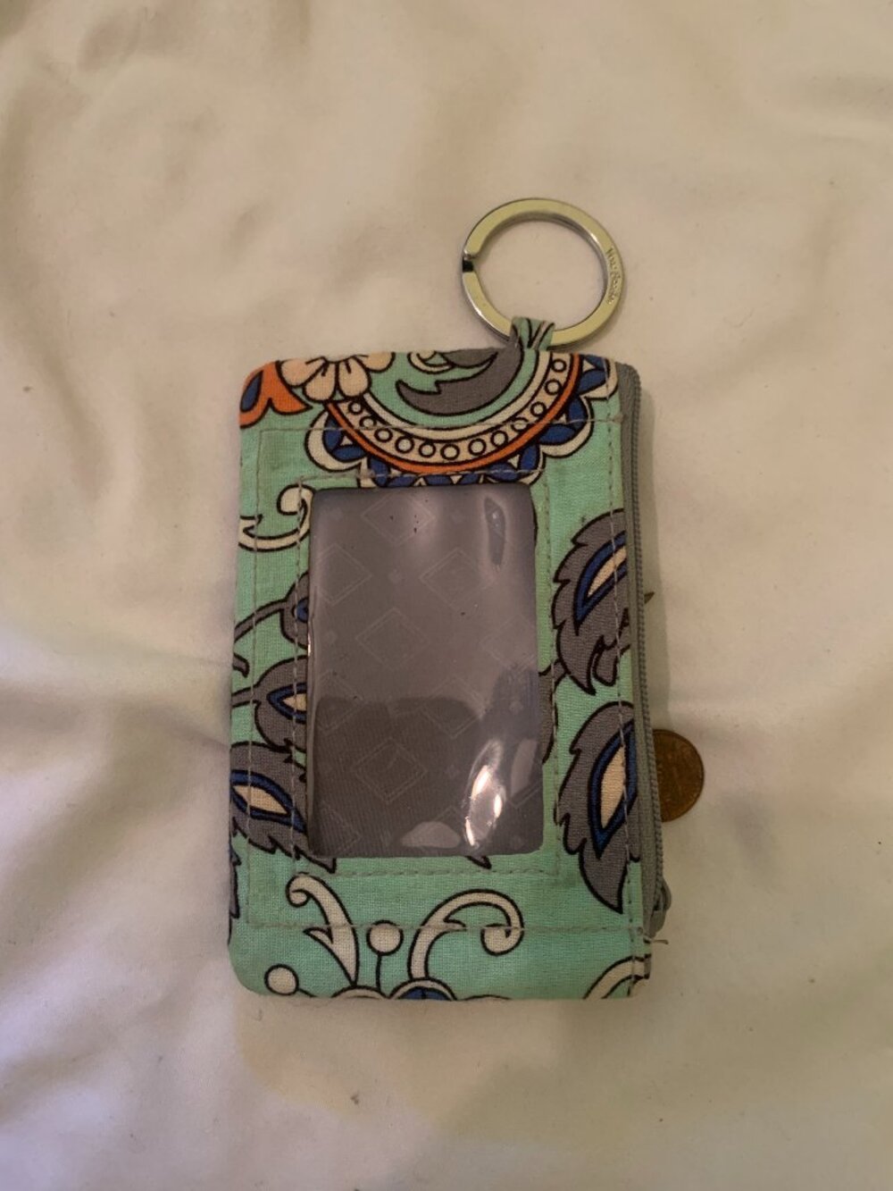 Vera Bradley Green Paisley Zip ID Case/Coin Purse with Key Ring